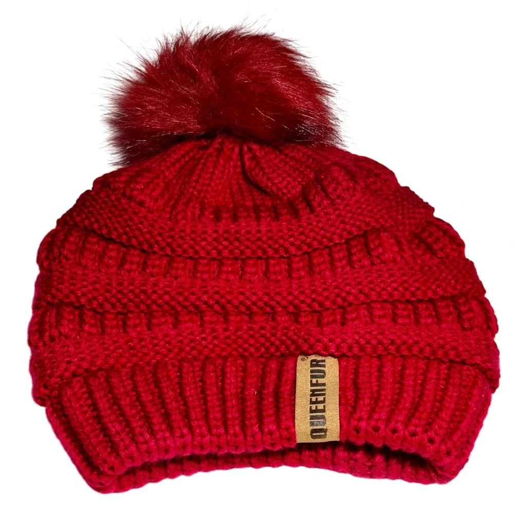 Queen Fur Red Knit Beanie Pom Pom Winter Hat Cozy Warm‎ Slouchy